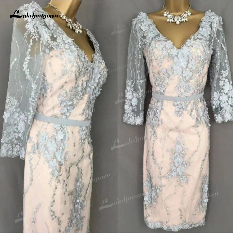

lakshmigown Mother of the Bride Dress For Weddings V Neck Blush Pink 3D Flowers Lace Real Photos Three Quarter Knee-Length 2022