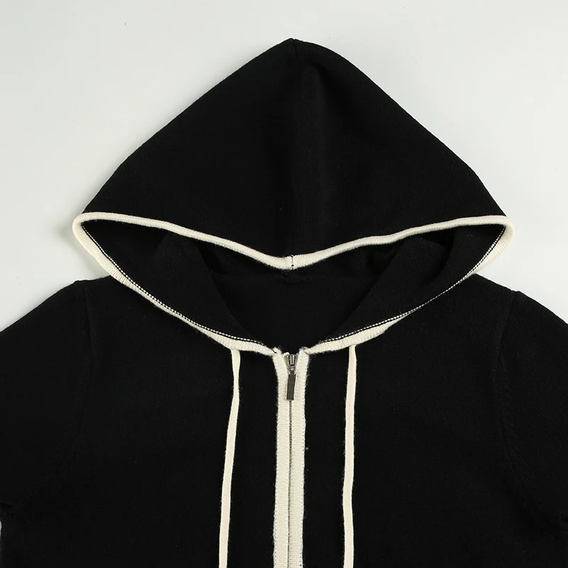 Fashion Y2K Women Zip Up Sweater with Hooded Slightly Thick Autumn Winter Lace Trim Pocket Knit Coat Slim Contrast