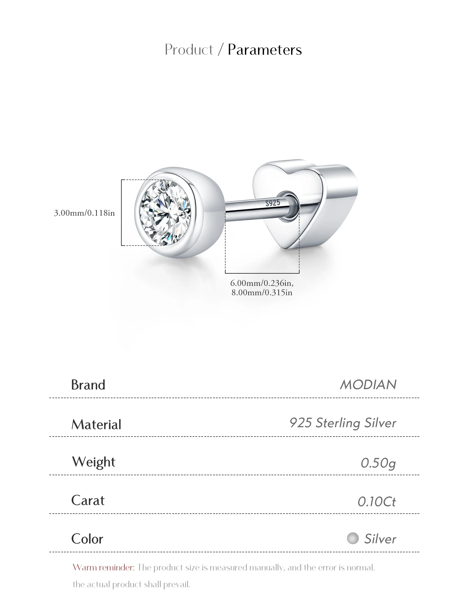MODIAN Ohrstecker mit Moissanit-Fassung, 925er Sterlingsilber, kleine Herz-Schraubohrringe für Damen und Herren, edler Schmuck – Detail 9