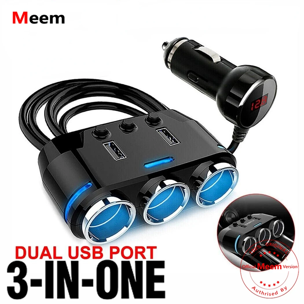 

Car Cigarette 3 Way Splitter Lighter Socket Dual USB Charger Power Adapter