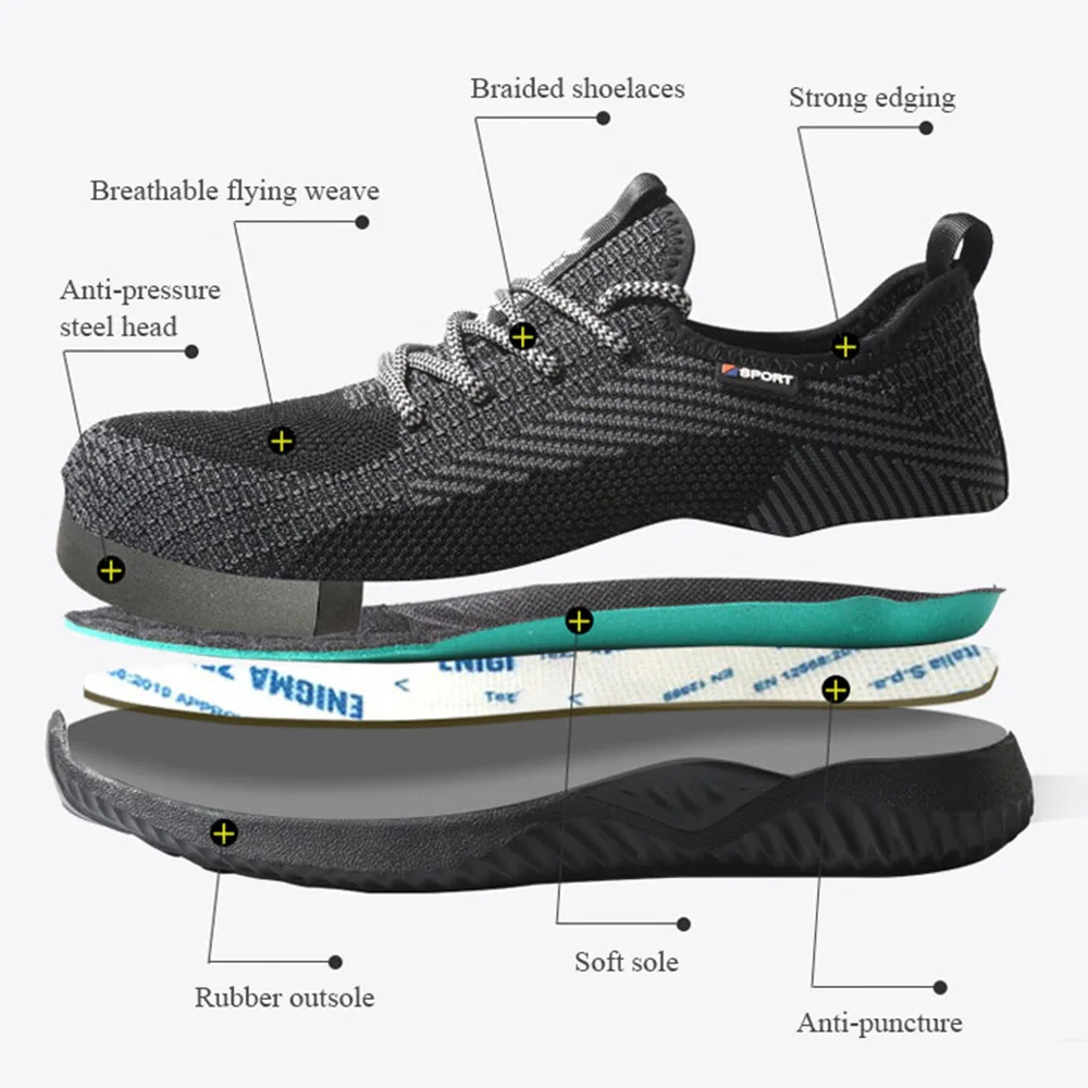 Breathable Men Sneakers Light Comfortable Safety Shoes Men's Work Boots Puncture-Proof Indestructible Security Shoes Size 36-48
