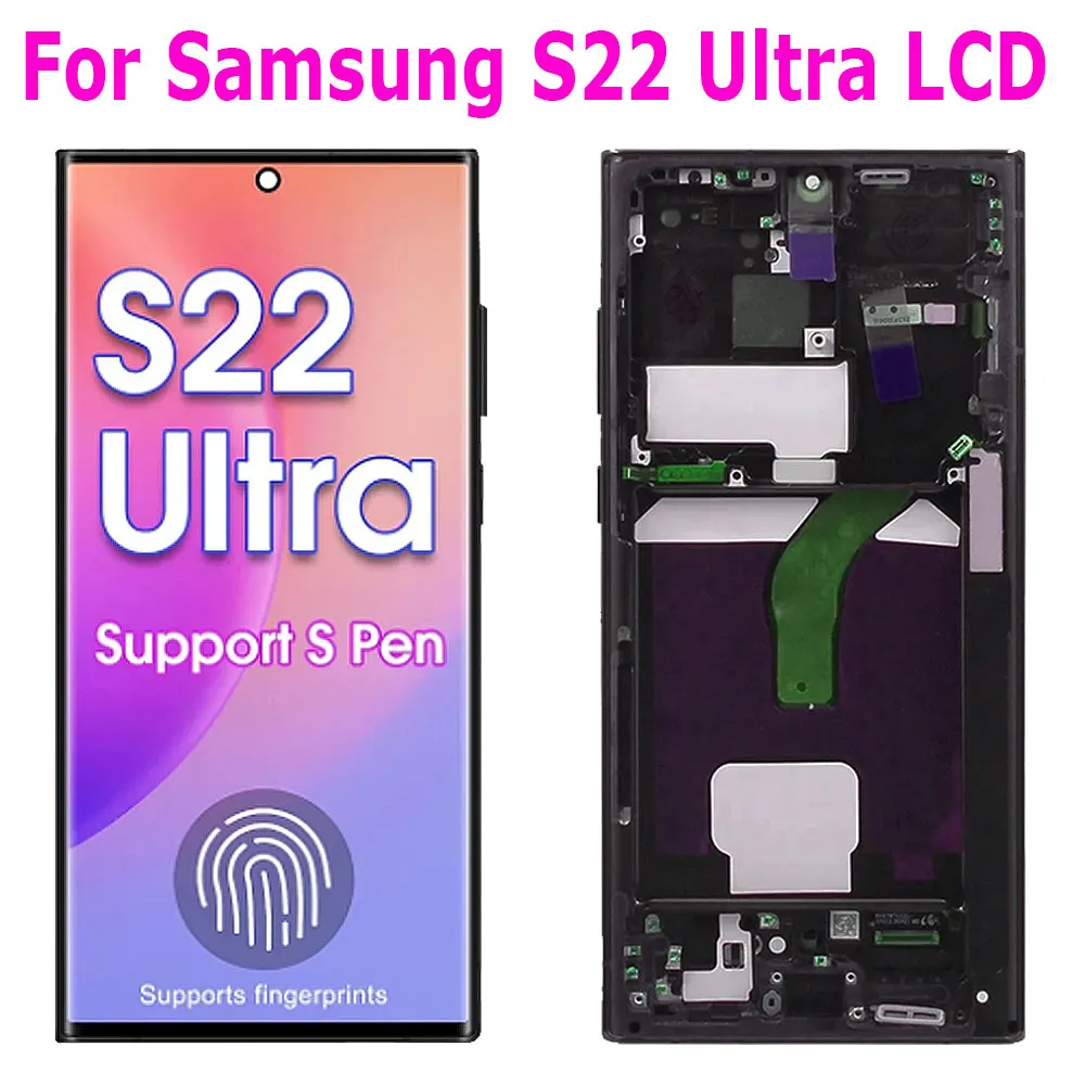 

ЖК-дисплей S22 Super AMOLED для Samsung Galaxy S22 Ultra 5G S908B S908B/DS, цифровой сенсорный экран с деталями рамки