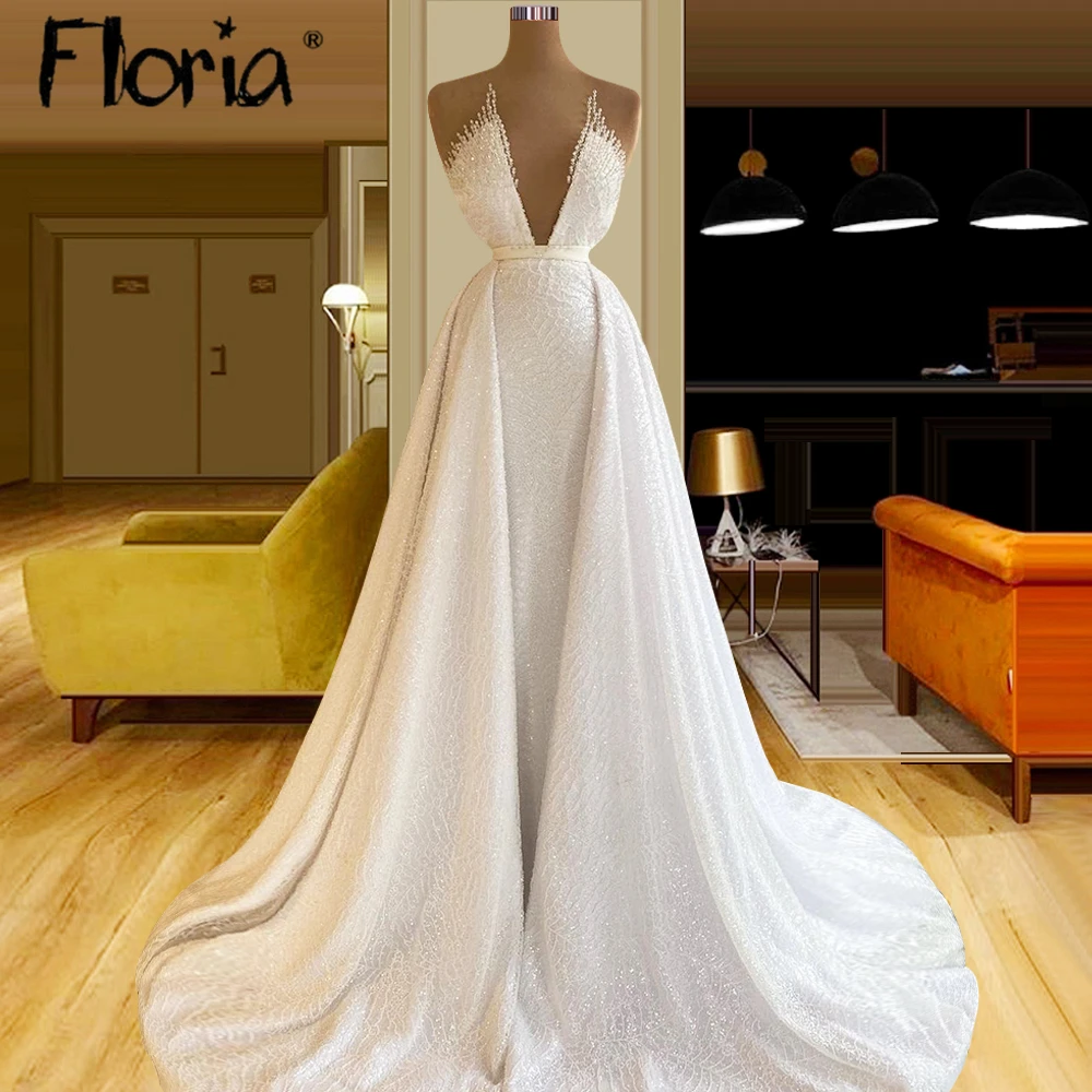 

Deep V Neck Luxury Wedding Dress 2023 Mermaid Full Beaded Bridal Gown With Detachable Train Custom Made Robe de Mariée Plus Size