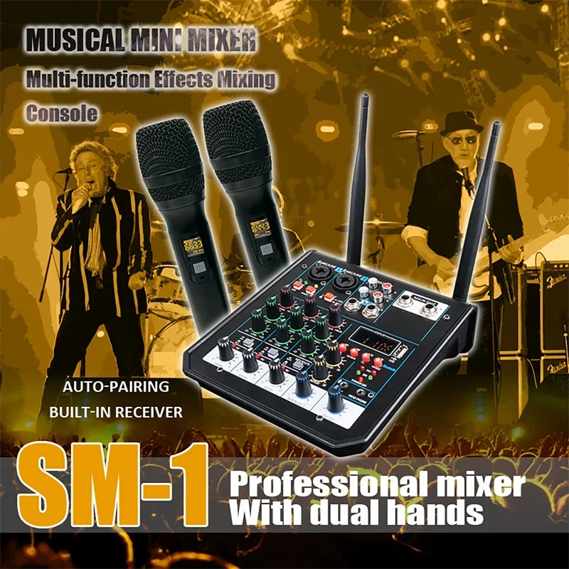 

Professional 4 Channel Audio DJ Mixer Console with Bluetooth Mixer Kit Wireless Microphone for Home Karaoke Stage Studio Podcast