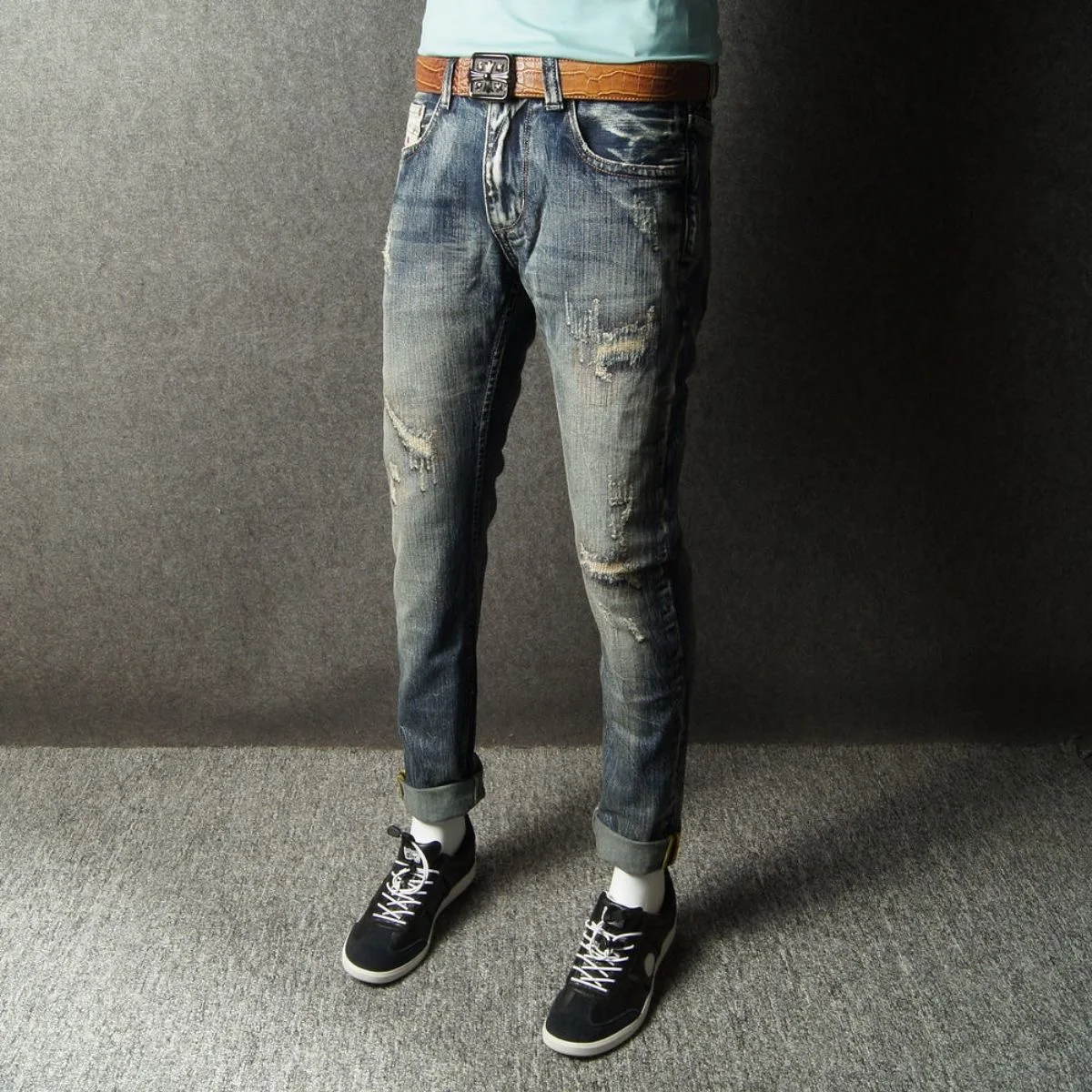 Ripped Jeans Men Spring and Autumn Casual Solid Color Vintage Slim Comfortable Elastic