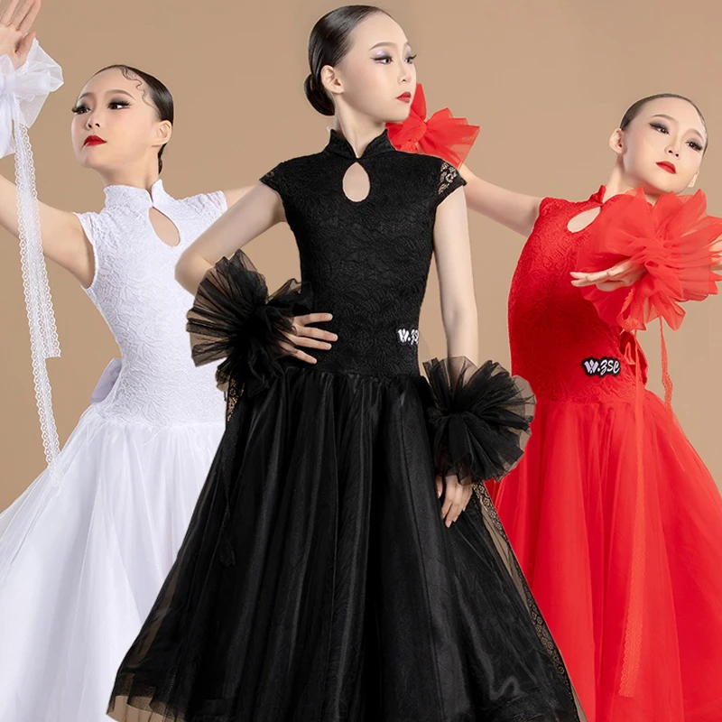 

3 Colors Mesh Latin Dance Dress Girls Waltz Ballroom Dance Costumes Kids Tango Samba Salsa Performance Dancing Dresses XS7970