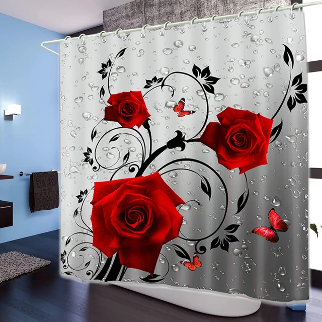 3D Rose Waterproof Shower Curtain Set Toilet Cover Mat Nonslip