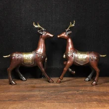 

9" Tibetan Temple Collection Old Bronze Sika Deer Statue a pair bless Gather fortune office ornament Town house Exorcism