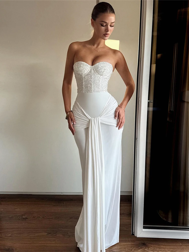 Sisterlinda Sexy Strapless Dress Woman Sequins Patchwork Backless Knot Ribbon Wrap Hip Midnight Prom Party Elegant Long Bodycon 1