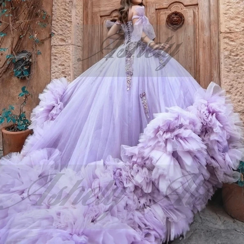 Charming Lilac Princess 15th Girl Quinceanera Dresses Beads Applique Lace Up Ruffle Edge Ball Gown Prom Birthday Party Dress 15