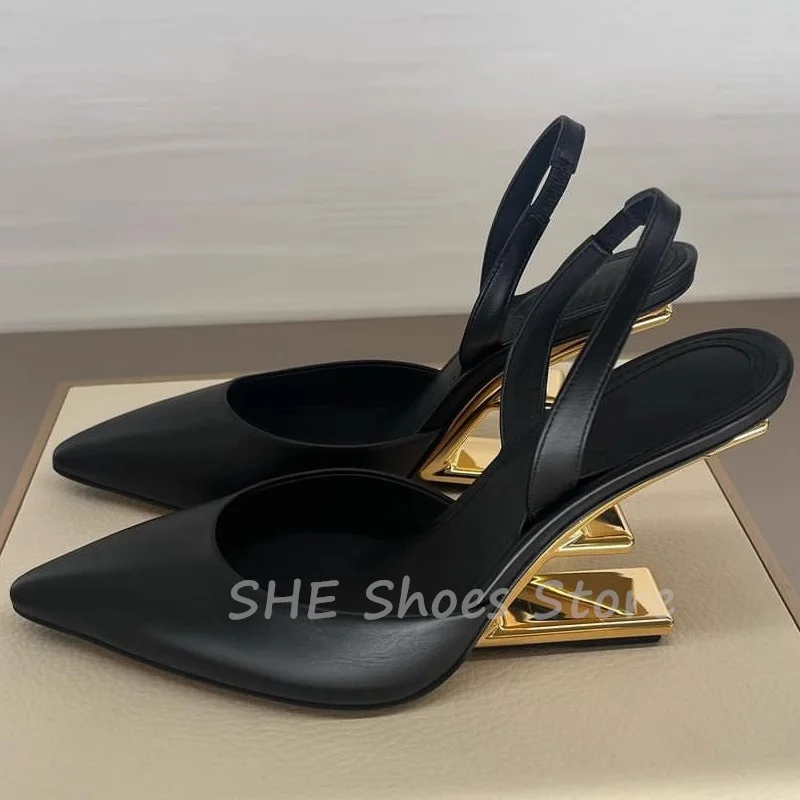 Fashion Design Strange Heel Shallow Sandals for Women Pointed Toe High Heel Slip-On Slingback Pumps Ladies Casual Leather Shoes