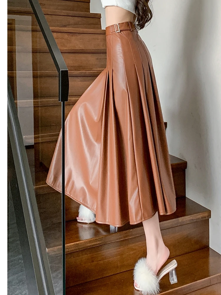 Qiukichonson Maxi Long Skirts Women Gothic Lolita Autumn Winter High Waist Pu Skirt Ladies A-Line Ruffle Pleated Black Skirt