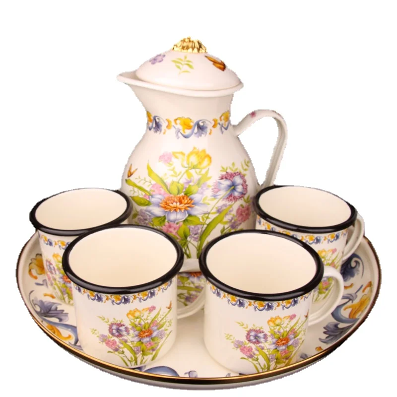 

Thickened enamel tea set, household boiling kettle, milk pot, plate, jar, restaurant cooling water kettle