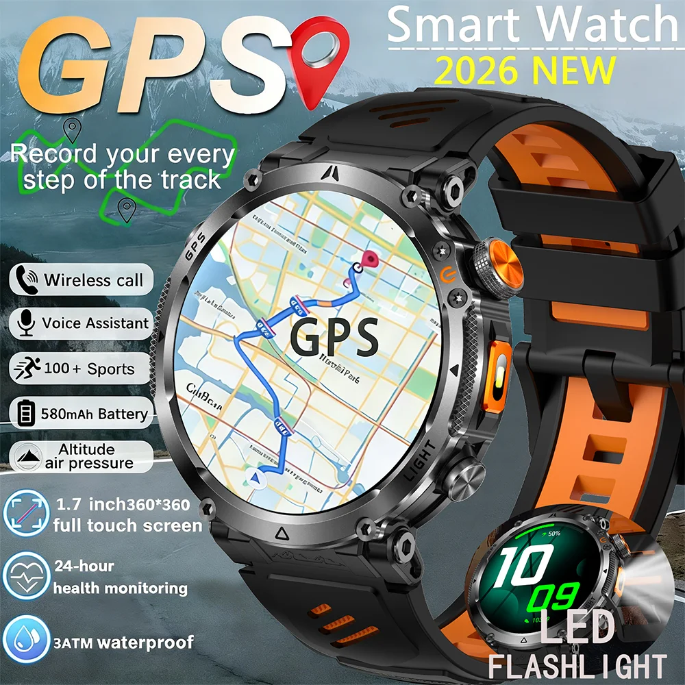 2026 New Military GPS Sports Smart Watch Men Compass 3ATM Waterproof Swim Fitness Tracker AMOLED HD SmartWatches 850Mah Battery 1