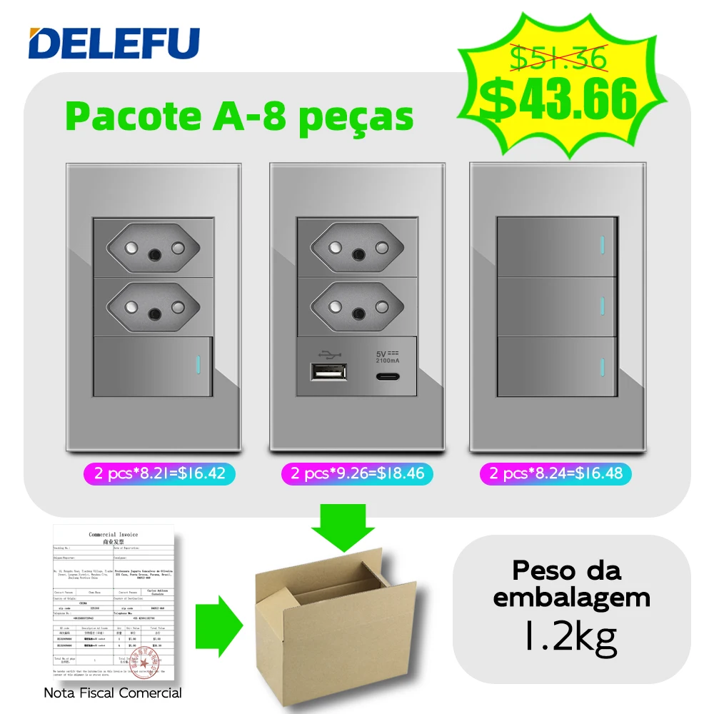 DELEFU-Pacote de Tomada de Parede Padrão Brasil,
