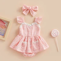ma&baby 0-18M Newborn Infant Baby Girls Romper  Plaid Lace Ruffle Jumpsuit Playsuit + Bow Headband Summer Outfit 3
