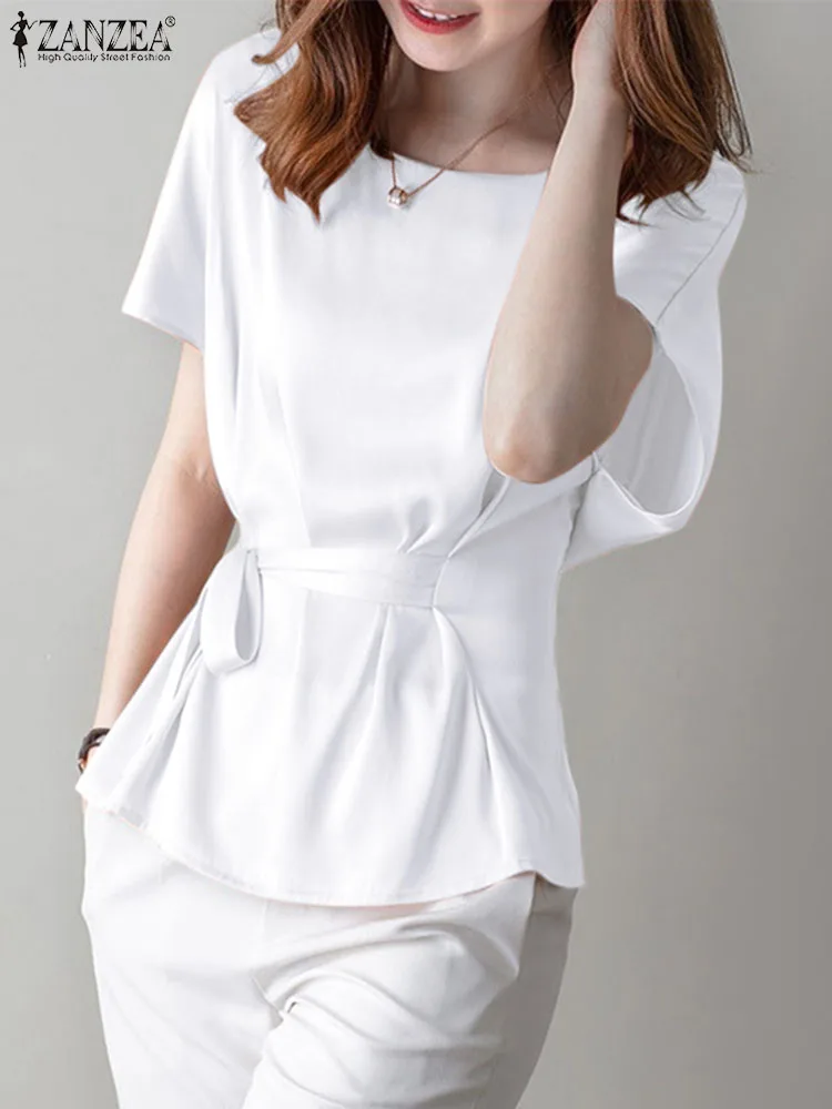 

ZANZEA Summer Round Neck Blue Shirts Women Tied Waist Tops Casual Short Sleeve Blusas Fashion Leisure Elegant Satin Blouses