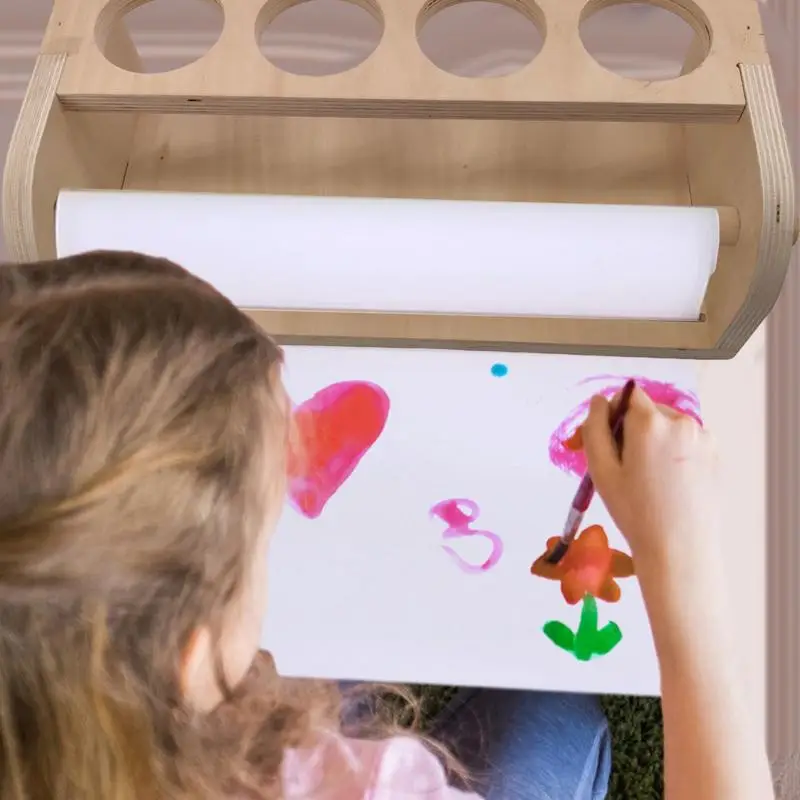 Wooden Holder Tabletop Paper Roll Dispenser 4 Hole Kids DIY Painting Drawing Tool Parchment Dispenser for DIY Art Painting