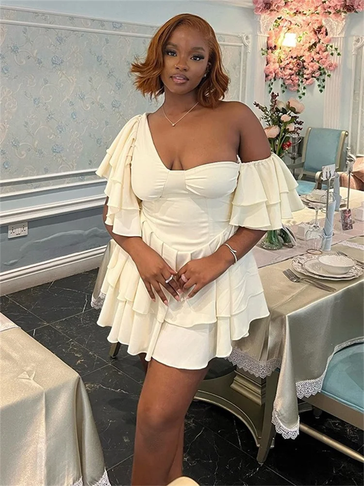 Wmstar Dresses for Women Wholesale Party Pleated Leaf Sleeve Irregular Diagonal Collar Birthday Outfits Midi Dress Summer 2025