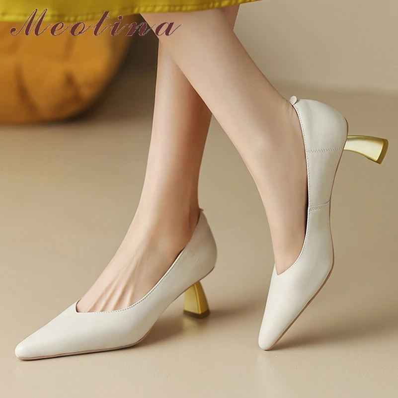 

Meotina Women Genuine Leather Pointed Toe High Heel Shallow Pumps Strange Style Ladies Fashion Shoes Spring Autumn Beige 40