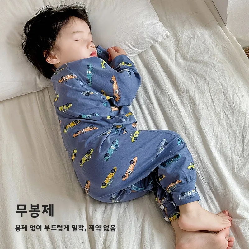 유니섹스 코튼 잠옷 수면 조끼 얇은 긴팔 후드 홈웨어 봄 가을용 편안하고 통기성 좋은 키즈 롬퍼