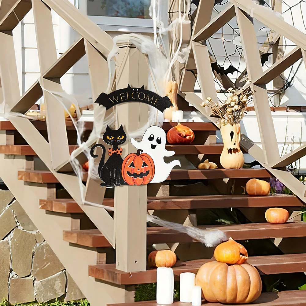 Halloween Wooden Cross Border Home Decoration Crow Pumpkin Ghost Creative Decoration Door Number Halloween Pendant