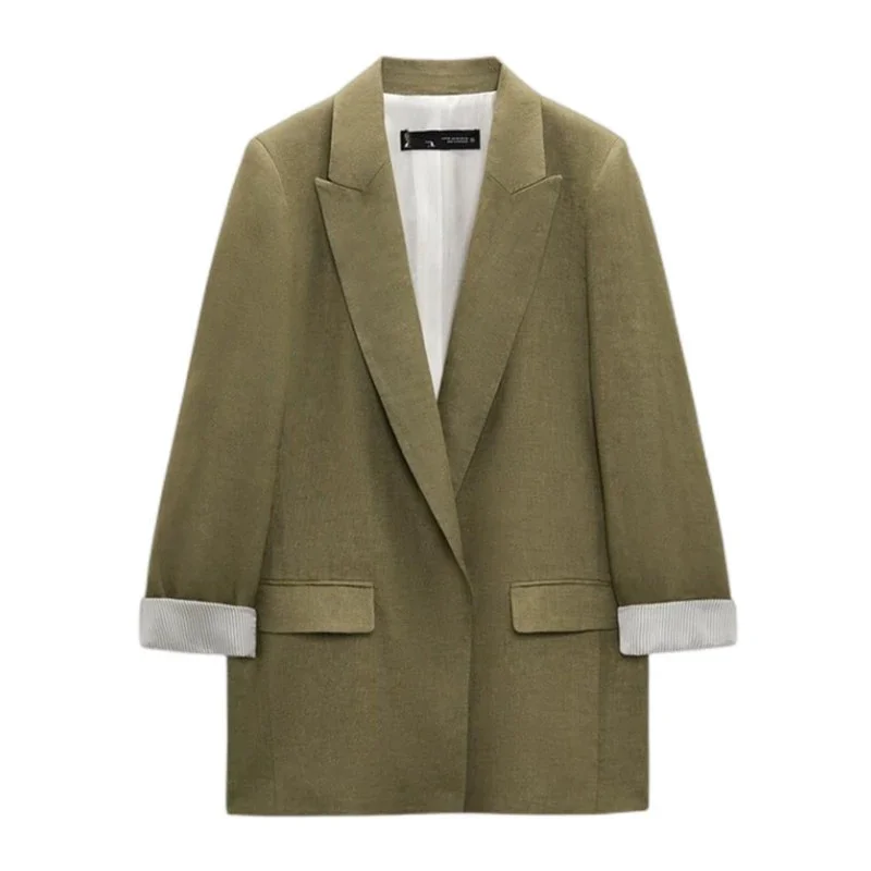 PB&ZA2023 Autumn New Multicolor Fashion Women's Printed Sleeves Curly Linen Button Free Lapel Open Blazer 4