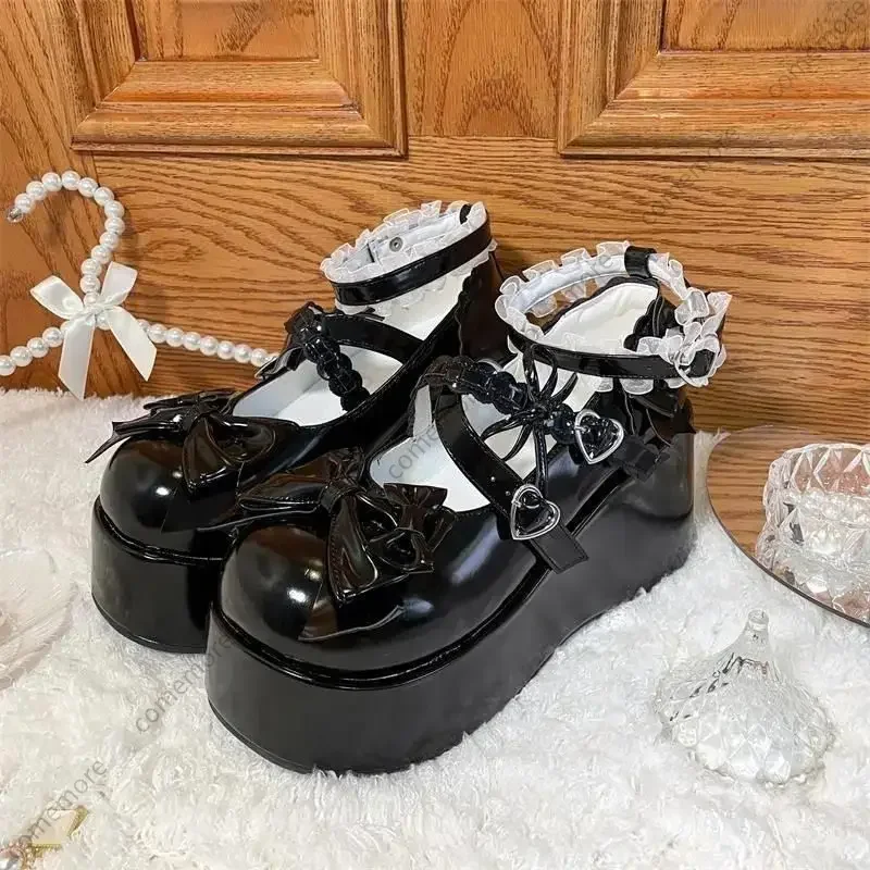 Lace Bowknot White Lolita Shoes for Women 2025 Heart Buckle Platform Mary Janes Woman Japanese Style Patent Leather Jk Shoes 2