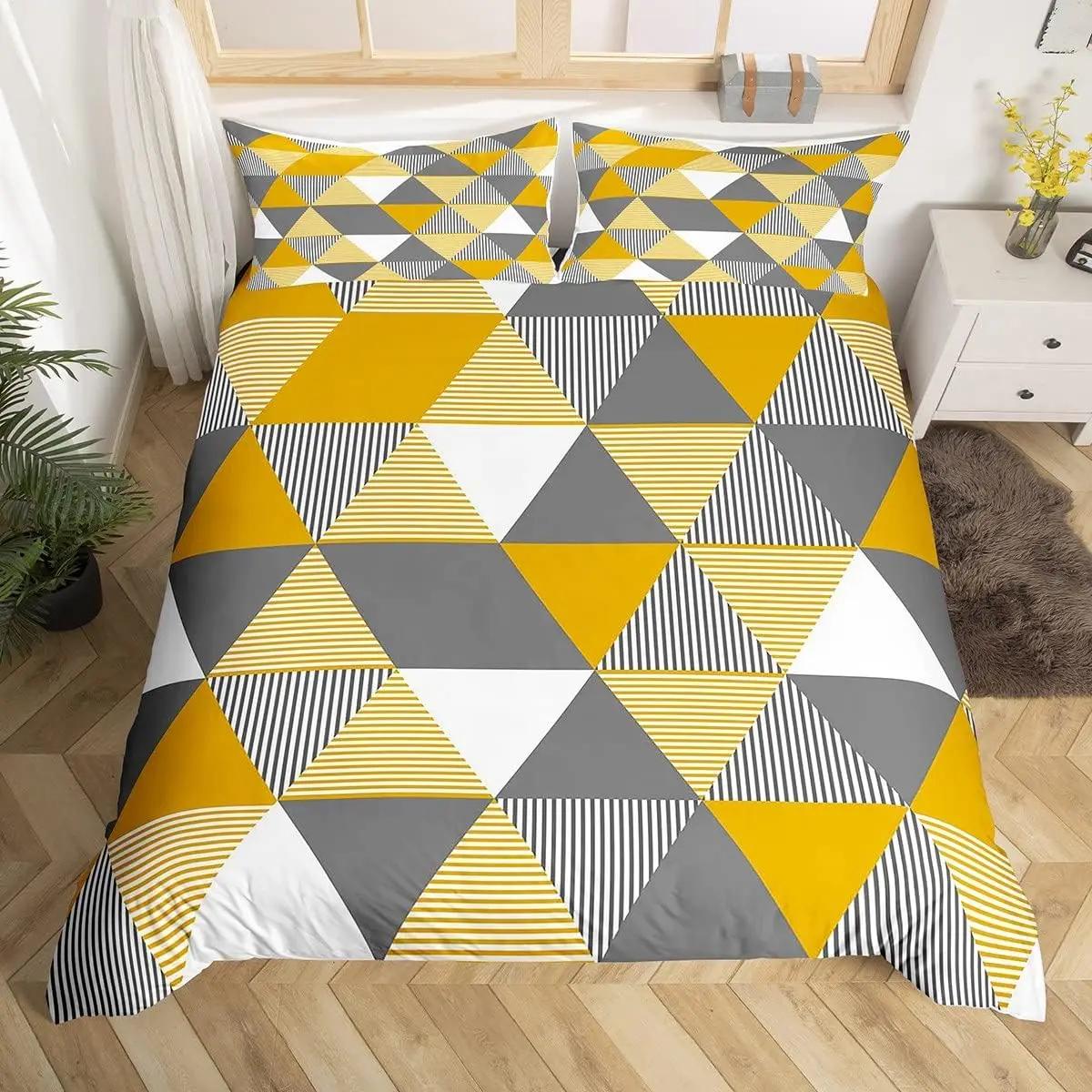 Geometric Triangle Duvet Cover Geometry Patchwork Bedding Set Twin, Geometry Art Stripes Diamond Comforter Cover For Kids Boys