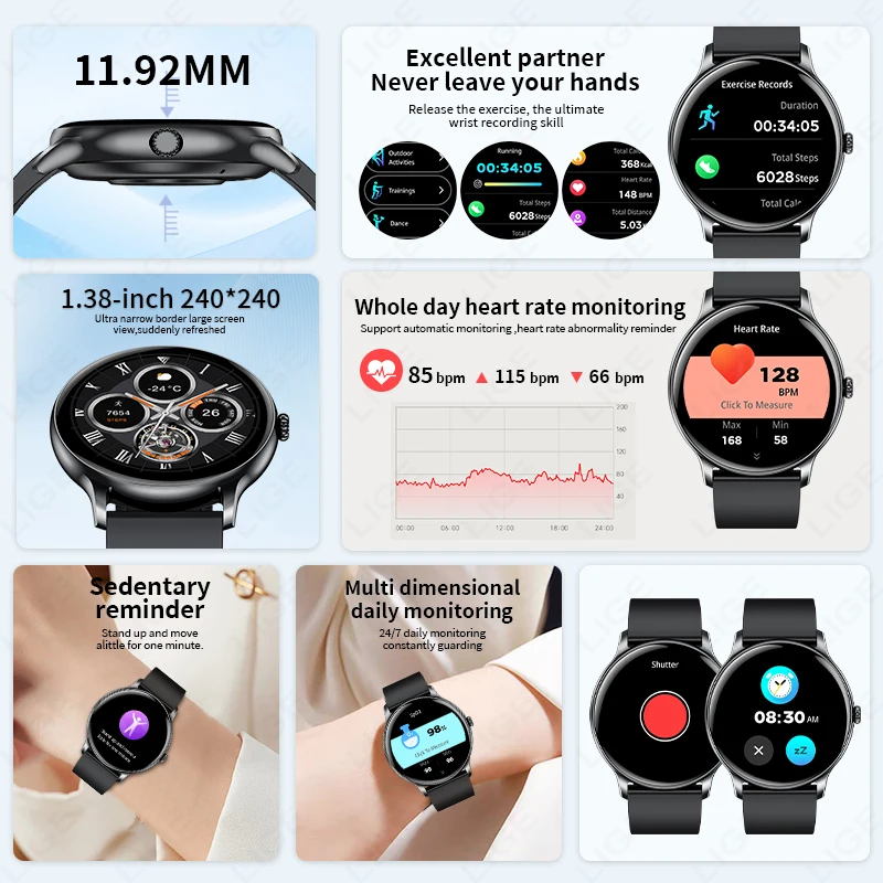 LIGE 2025 New Smartwatch 1.38" Bluetooth Talking Blood Oxygen Heart Rate Health Monitor Smart Watch For Men Women Holiday Gift