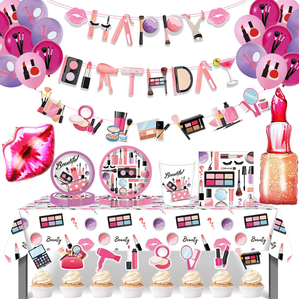 Kosmetik Spa Party Einweggeschirr Tischdecke Banner Rote Lippen Lippenstift Folienballon Mädchen Geburtstag Frauen Make-up Party Dekor