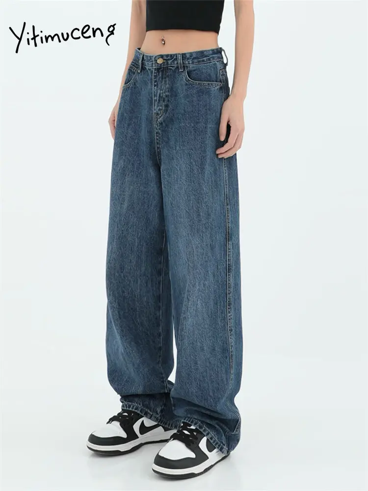 

BabYoung Blue For Women 2023 New Fashion BabYoung High Waisted Chic Streetwear Straight Wide Leg Jeans Full Length