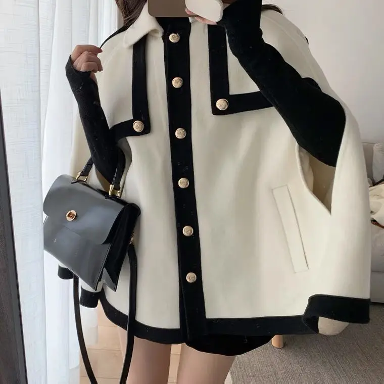 Poncho Cloak French Cape Imitation Wool Coat Women's New Loose Short Coat Fashion Leisure Lady Spring and Autumn Party Banquet B