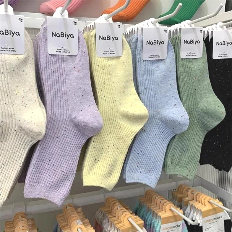 Autumn Winter Vintage Premium Dot Cotton Yarn Warm Thick Ankle Socks Candy Color Korean Soft High Elasticity Pile Up Kawaii Sock