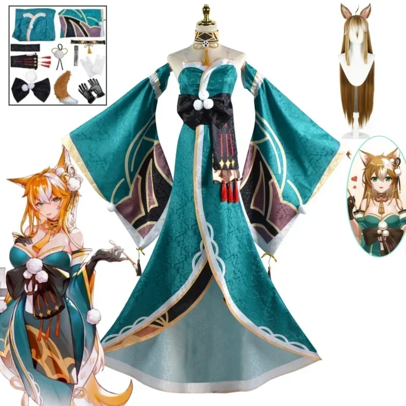 

Game Genshin Impact Miss Hina Kostum Cosplay Women's Fiesta Halloween Ear Tail Party Performance Dress Set