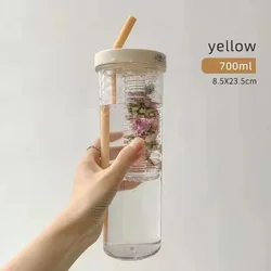 Portable Transparent Water Bottle with Straw and Fruit Infuser - 700ML (Yellow)