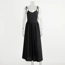 Beach Style Vintage Loose A-Line Cotton V-Neck Dress - S (Black)