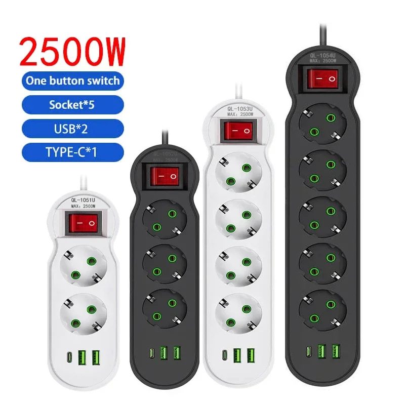EU Plug Power Strip 2/3/4/5 Outlet Multitap Extension 10A 2 USB 1 พอร์ต Type-C 2m สายไฟซ็อกเก็ตไฟฟ้า 2500W fast Charge 1