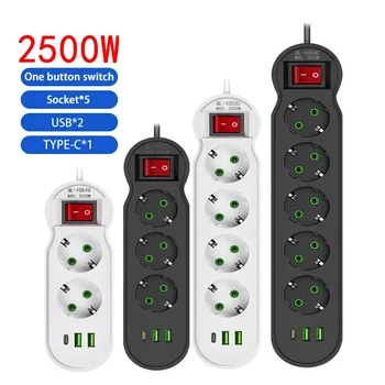 EU Plug Power Strip 2/3/4/5 Outlet Multitap Extension 10A 2 USB 1 พอร์ต Type-C 2m สายไฟซ็อกเก็ตไฟฟ้า 2500W fast Charge 1