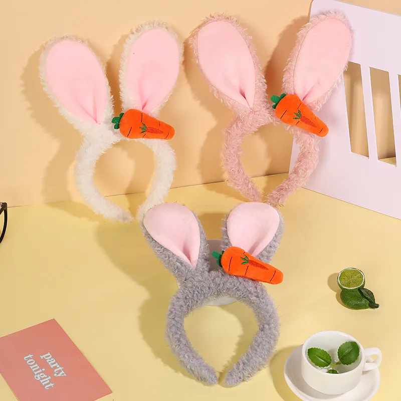 Lolita Fashion Easter Cosplay  Long Bunny Ears Carrot Bow Hairband Plush Rabbit for Girls Women Birthday Party