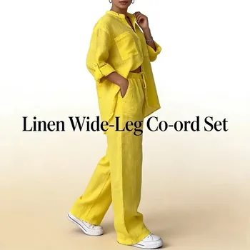 2025 New Women Cotton Linen Wide Leg Pants Set Comfort Outfit Casual Chic Style 1