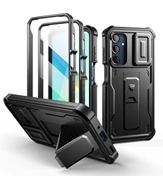 Heavy Duty Shockproof Phone Case with Built-in Magnetic Slide Camera Cover and Holder (Black)