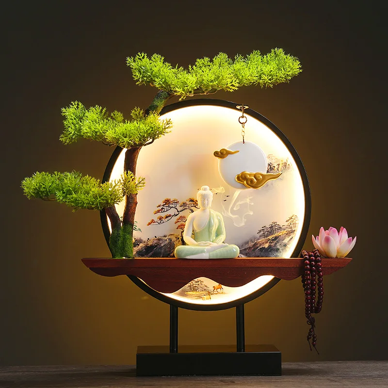 

New Chinese Zen led lamp circle living room Home office fortune decoration reverse flow incense ceramic living room decoration