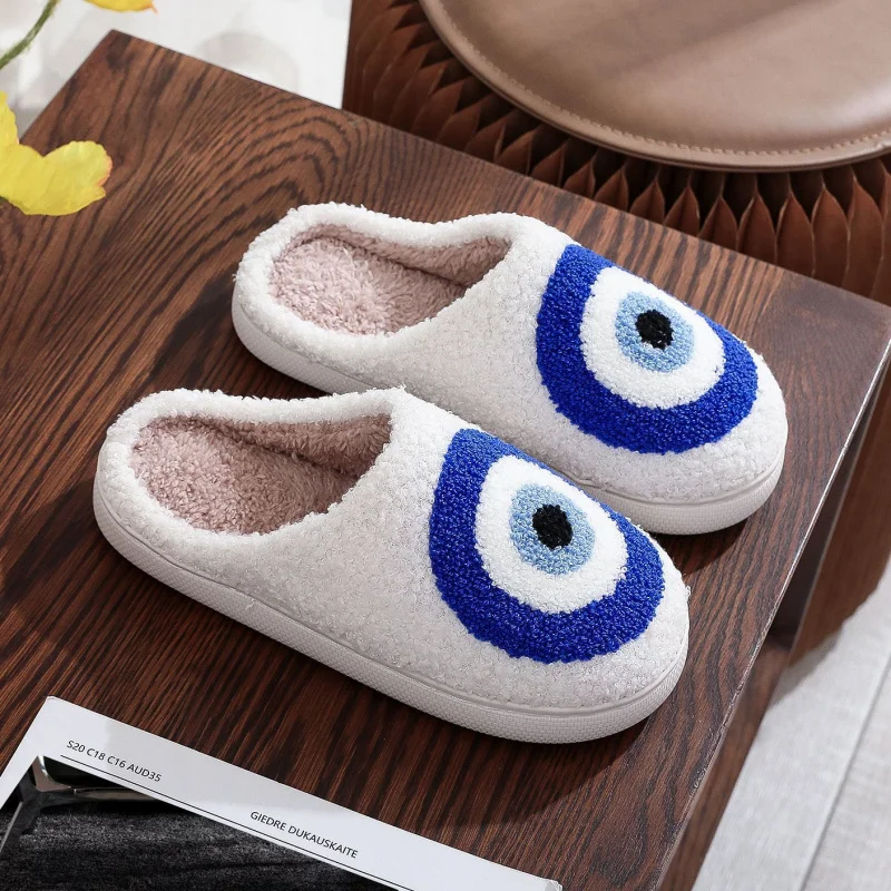 Gothic Evil Eye Slippers Plush Warm Fuzzy Unisex Indoor House Shoes Large Size Available Bold Unique Design for Men and Women