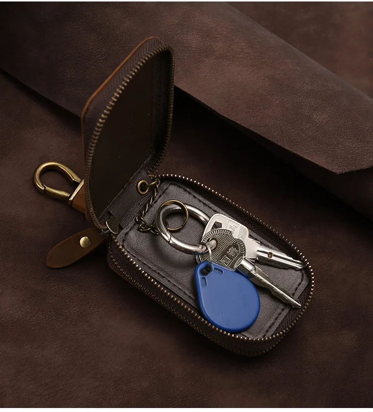 New Genuine Leather Car Key Pouch Wallet Double Zipper Crazy Horse Leather Designer Keychain Holder Organizer Key Case Bag Cover