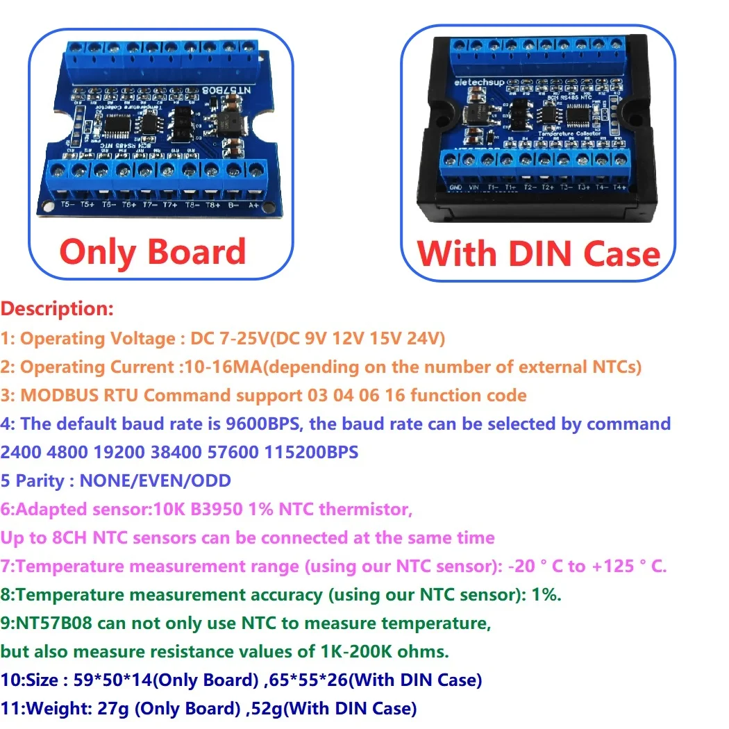 ตัวควบคุมเครื่องบันทึกแบบไร้กระดาษ 8 ช่องสัญญาณ RS485 เครื่องวัดอุณหภูมิแบบต้านทาน 10K 3950 1% NTC หัววัดกันน้ำสำหรับ IOT PLC บ้านอัจฉริยะ 1