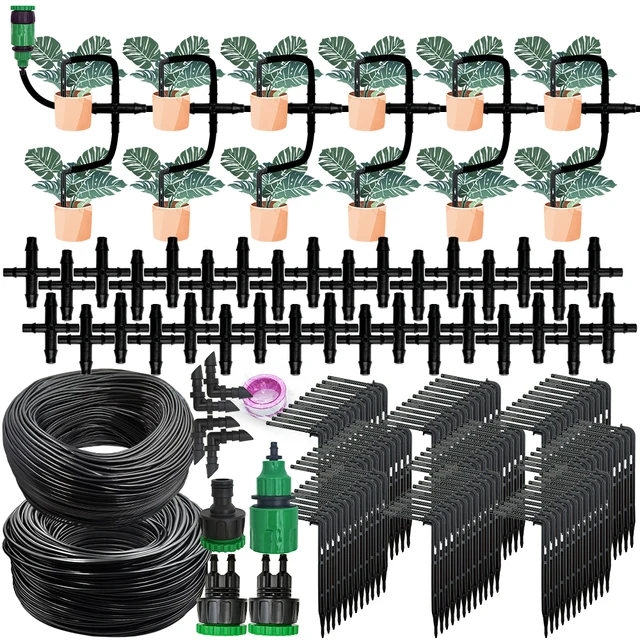 Greenhouse Drip Irrigation Kit Automatic Watering System Garden 4-Way 4/7mm to 3/5mm Hose Dripper for Pot Plant Vegetable Bonsai