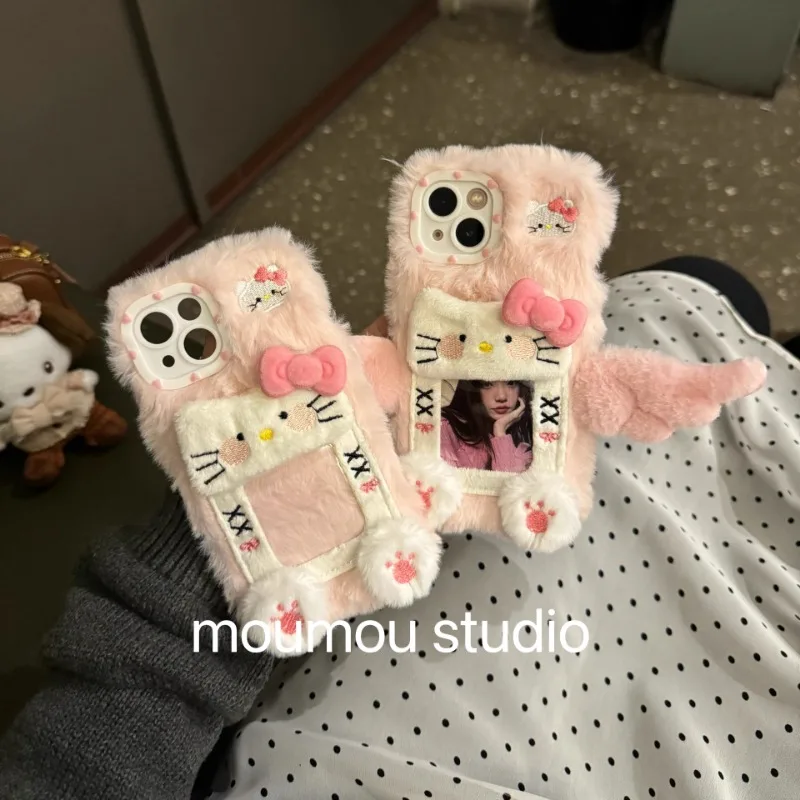 

Sanrio Hello Kitty Mobile Phone Case with Wings Can Hold Photos Cards Suitable for IPhone 15 14 Protective Cover Christmas Gifts