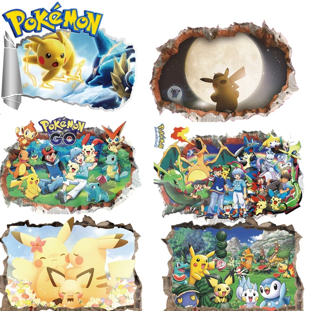 Pokemon pikachu adesivos de parede anime kawaii papel de parede sala quarto  dos desenhos animados pvc quebrado 3d graffiti decoração presente novo -  AliExpress