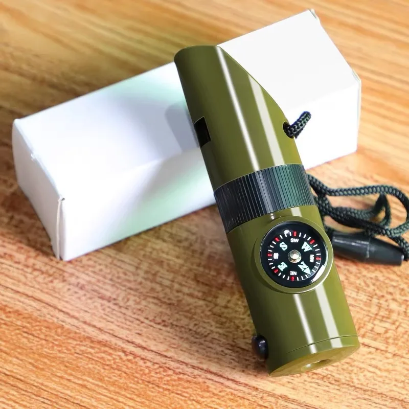 7in1 Emergency Survival Whistle Compass Multifunction Tool Magnifier Flashlight Storage Container Thermometer for Camping Hiking survival whistle